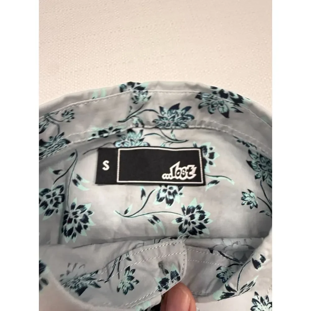 Lost Enterprises Mens Small Floral Button Up Shirt Gray Blue Short Sleeve NWT Su